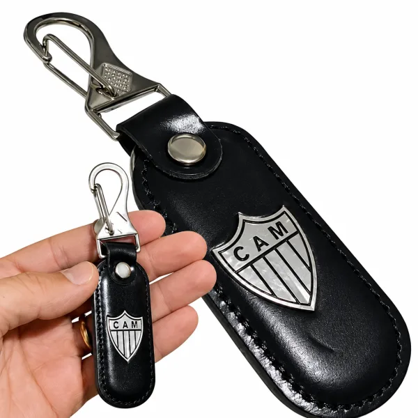 Chaveiro Mosquetão Atlético MG Couro Preto Chave Carro Moto